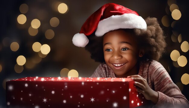 cute little girl with curly afro hair holding her gift box near Christmas tree in the evening