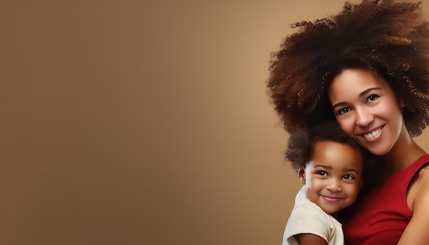 cute little girl with curly afro hair hugging her mom near Christmas tree in the evening