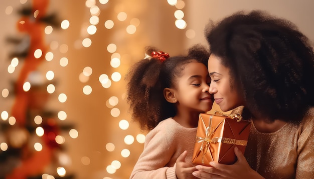 cute little girl with curly afro hair and mom holding her gift box near Christmas tree in the