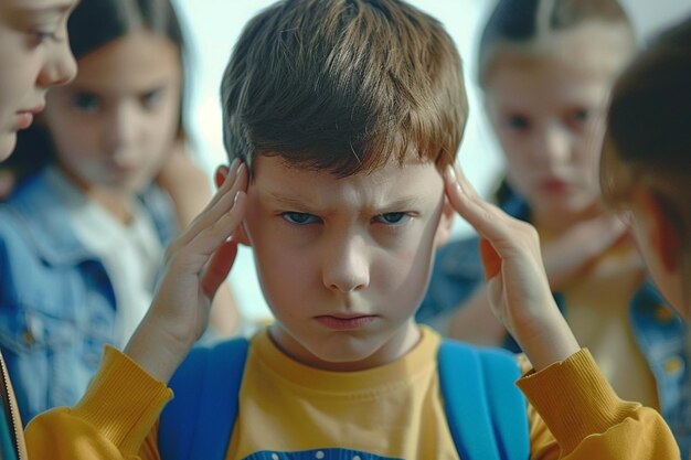 Cute little girl with curly hair is bullied and bullied by some girls at school