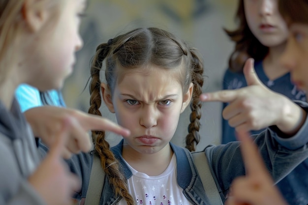 Photo cute little girl with curly hair is bullied and bullied by some girls at school