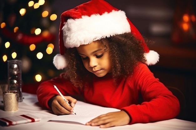 Cute little girl with curly hair in santa hat writes the letter to santa claus