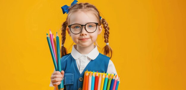 Cute little girl with glasses a backpack and books on a colored background with space for text a