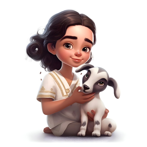 Cute little girl with a goat 3d digitally rendered illustration