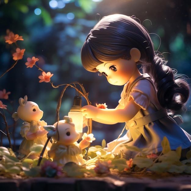 Cute little girl with hat in magic golden fantasy forest cinematic illustration