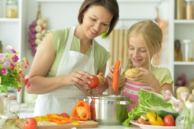 Cute little girl with her mother cooking together at kitchen table