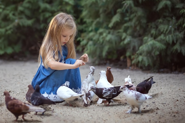 A cute little girl with long blond hair feeds pigeons from her hands in the park on a sunny day Children communicate with birds