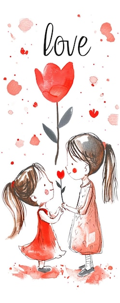 A cute little girl with long brown hair tied in a ponytail gives a flower to her mother Text LOVE