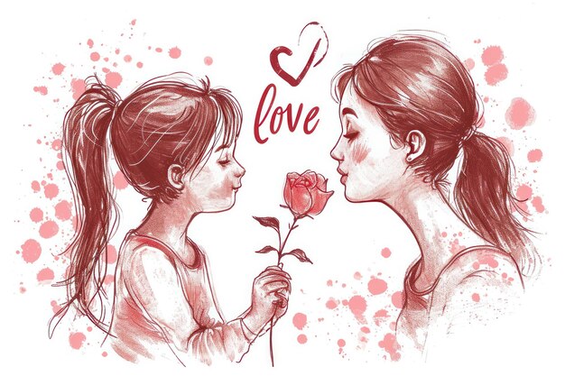 A cute little girl with long brown hair tied in a ponytail gives a flower to her mother Text LOVE