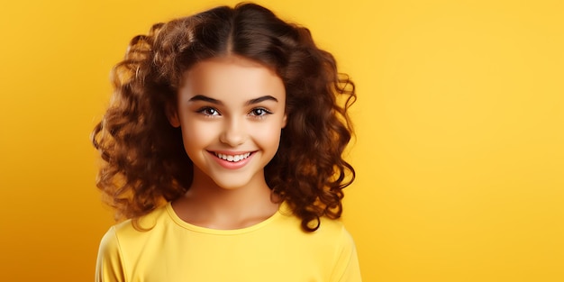 Cute little girl on yellow background