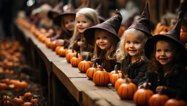 Cute little girls in witch costumes with pumpkins on Halloween