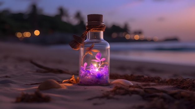 A cute little glass bottle with purple flowers inside and with fairy lights