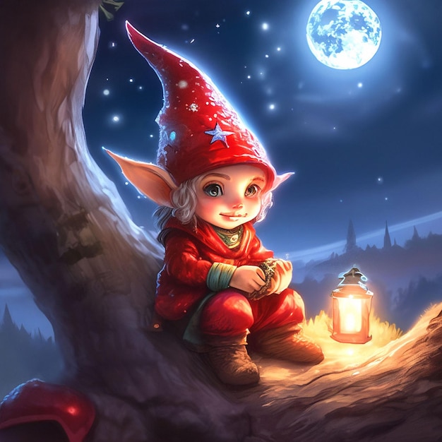 Cute little gnome sitting on a tree and holding a lantern