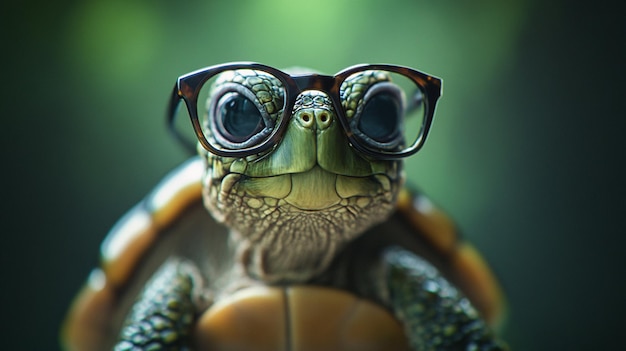 Photo a cute little green turtle donning glasses perfect for childrens literature or educational materials featuring marine life