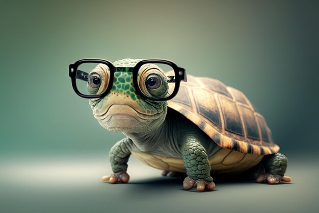 Photo cute little green turtle with glasses in front of studio backgroundgenerative ai