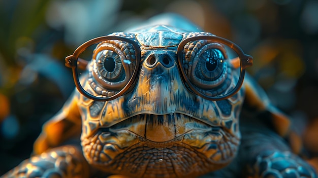 A cute little green turtle with glasses stands in front of a studio background Generative AI