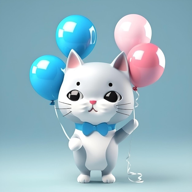 A cute little grey cat is holding balloons on a pastel blue background Birthday card AI generated content