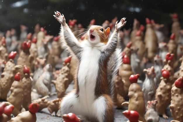 Cute little hamster playing in front of a group of chickens