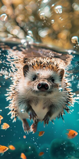 Photo a cute little hedgehog is swimming in the water