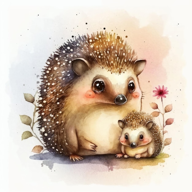 Cute little hedgehog with mom Watercolor painting Illustration AI GenerativexA