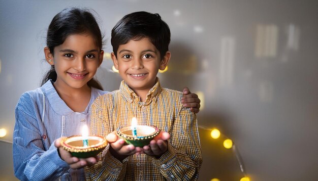 Photo cute little indian kids in traditional wear holding a diya on diwali festival