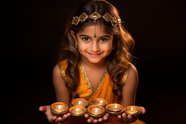 Photo cute little indianasian girl in traditional wear holding a diya or terracotta oil lamp on diwali