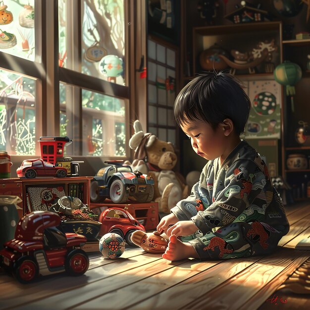 Photo cute little japanese boy playing with his toys in high detail