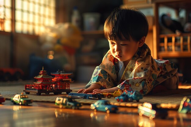 Photo cute little japanese boy playing with his toys in high detail