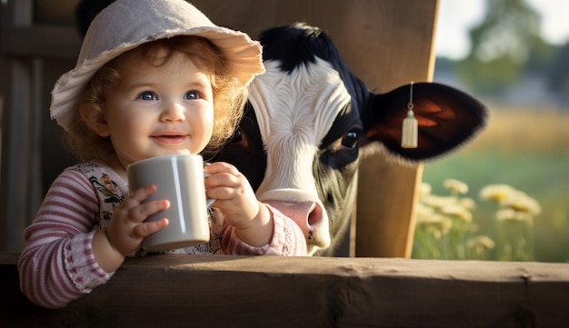 cute little kid smiling and drinking milk from a mug at a farm with a cow