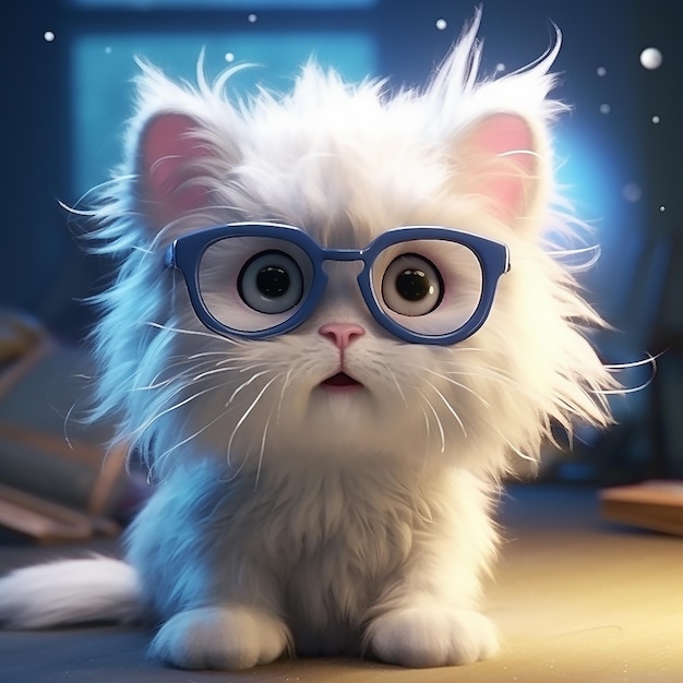 cute little kitten cartoon style with big glasses