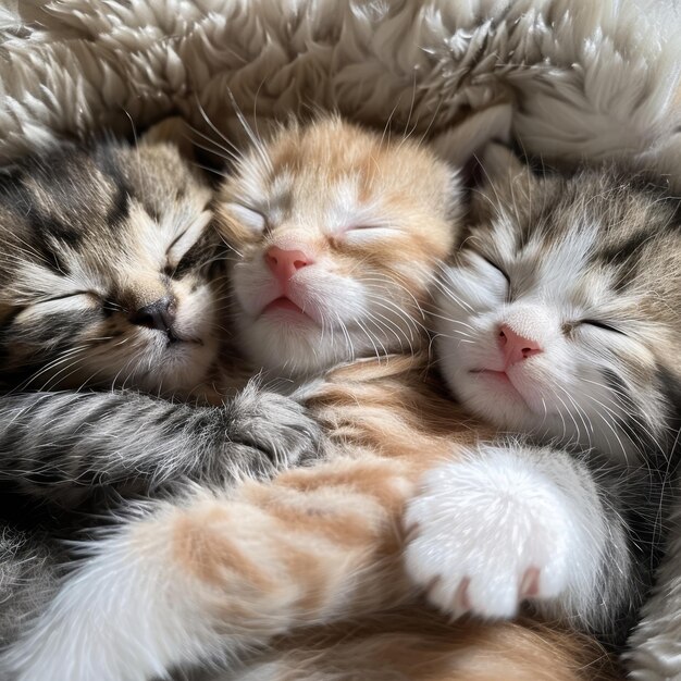 Photo cute little kittens sleeping on a soft blanket closeup