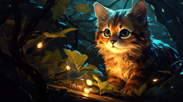 a cute little kitty in the night forest