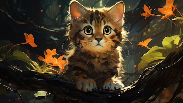 a cute little kitty in the night forest