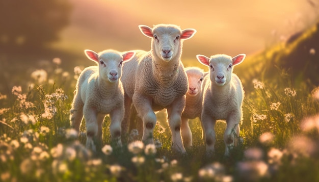 Cute little lambs with sheep on fresh green meadow during sunrise Newborn lambs in flower field cute summer landscape