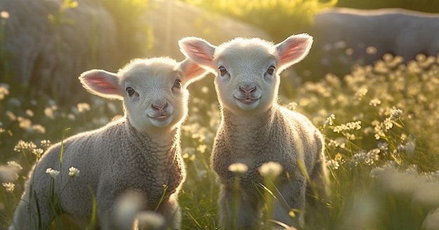 Cute little lambs with sheep on fresh green meadow during sunrise Newborn lambs in flower field cute summer landscape