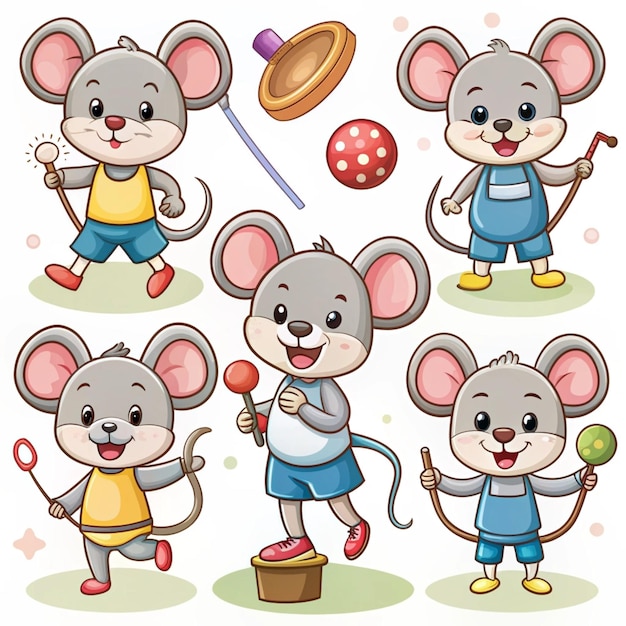 Cute little mouse doing various activities set Funny brown baby animal character vector illustration