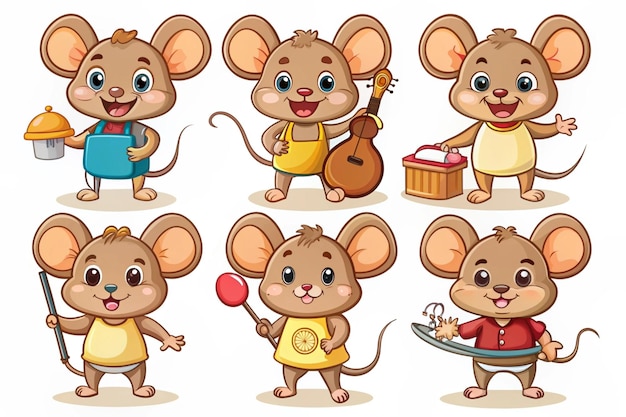 Cute little mouse doing various activities set Funny brown baby animal character vector illustration