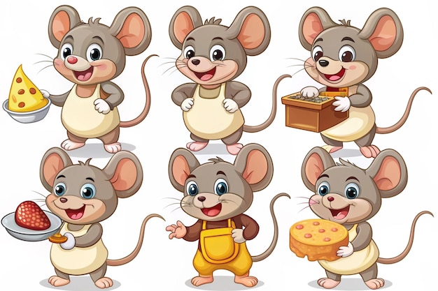 Cute little mouse doing various activities set Funny brown baby animal character vector illustration