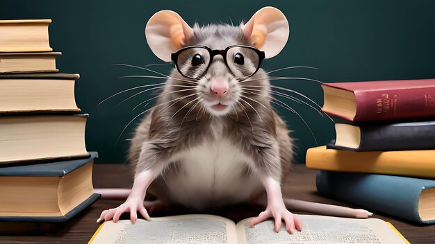 Cute Little Mouse Using Spectacles Studying In Library