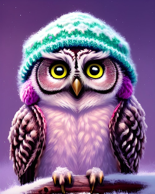 cute little owl with a knitted hat wearing, christmas atmosphere, new year postcard