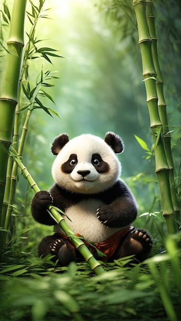 Cute little Panda playing in a bamboo forest