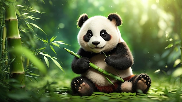 Cute little Panda playing in a bamboo forest