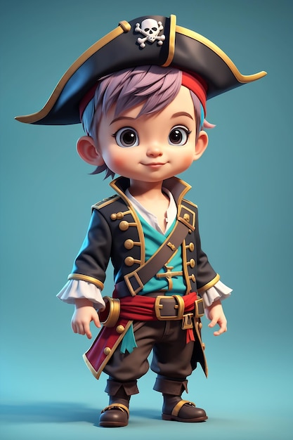 Cute Little Pirate Boy In Blue Background 3D Rendering