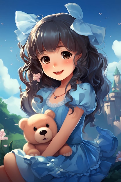 Cute little princess and a Stuffed little blue bear