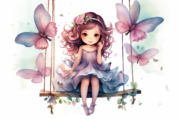 Cute Little Princess Swing with Butterflies Watercolor Generative AI