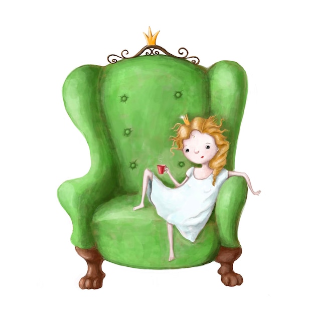 cute little princess with cup of hot drink coffee break children's illustration