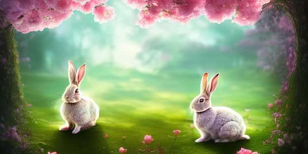 Cute little rabbit for easter spring holiday spring holiday banner illustration Nice rabbit sitting on the meadow