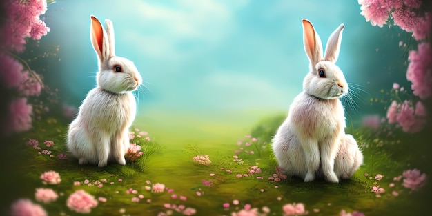 Cute little rabbit for easter spring holiday spring holiday banner illustration Nice rabbit sitting on the meadow