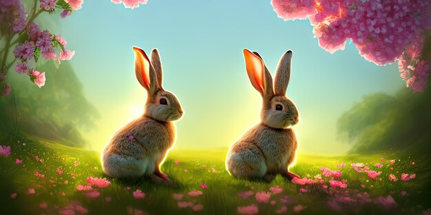 Cute little rabbit for easter spring holiday spring holiday banner illustration Nice rabbit sitting on the meadow