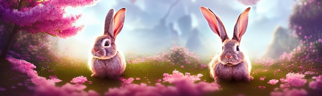 Cute little rabbit for easter spring holiday spring holiday banner illustration Nice rabbit sitting on the meadow